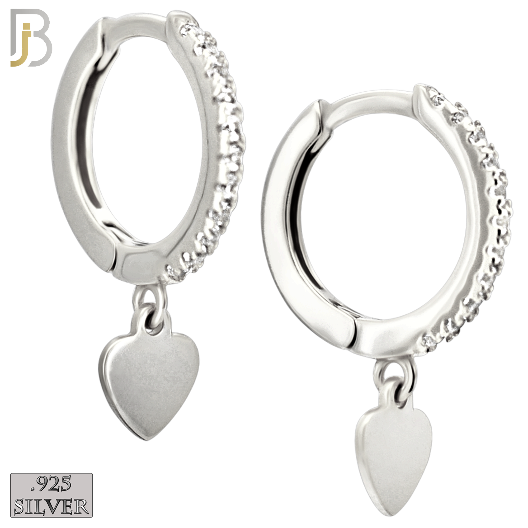 925-ES478 - 925 Sterling Silver Dangling Plain Heart CZ Studded Hoop Earrings image 1