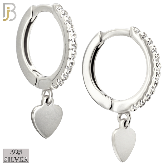 925-ES478 - 925 Sterling Silver Dangling Plain Heart CZ Studded Hoop Earrings image 1
