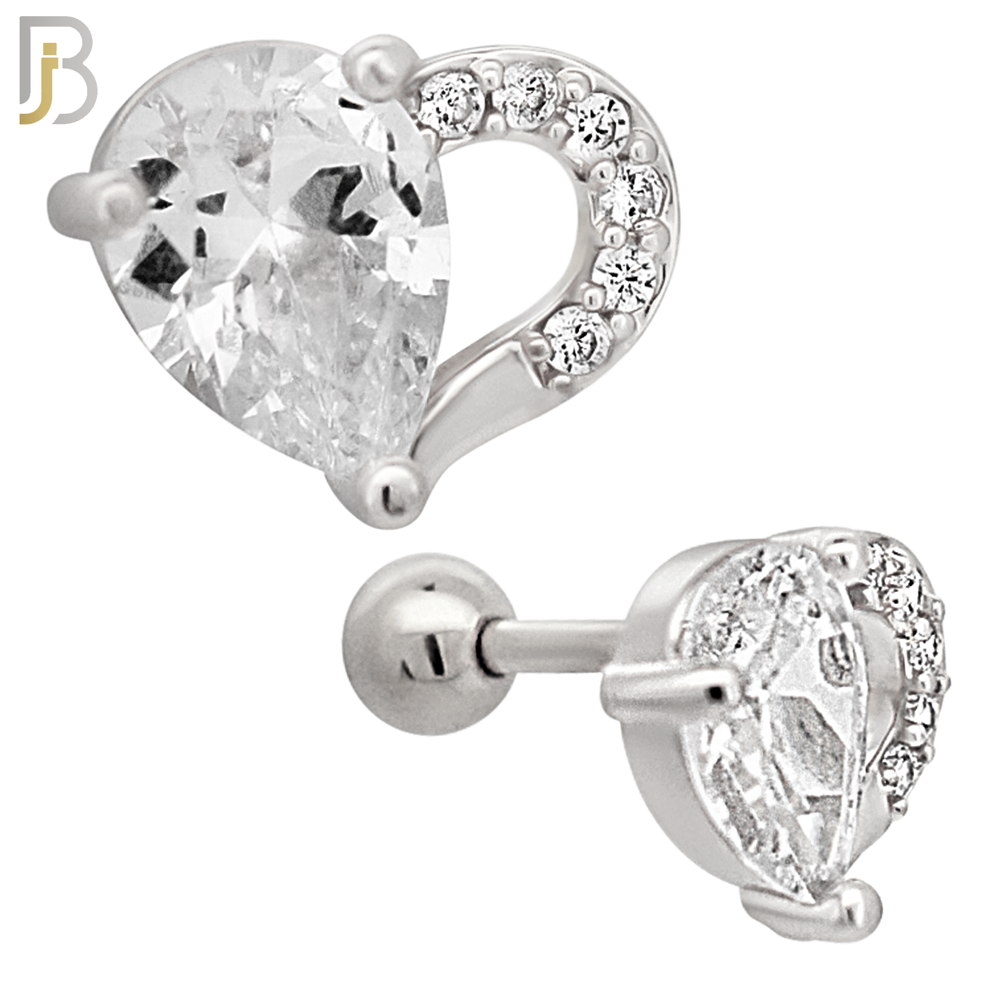 TB102 - 316L Stainless Steel Heart with Pear Shape CZ Tragus/Cartilage Barbell (PACK OF 6) image 1