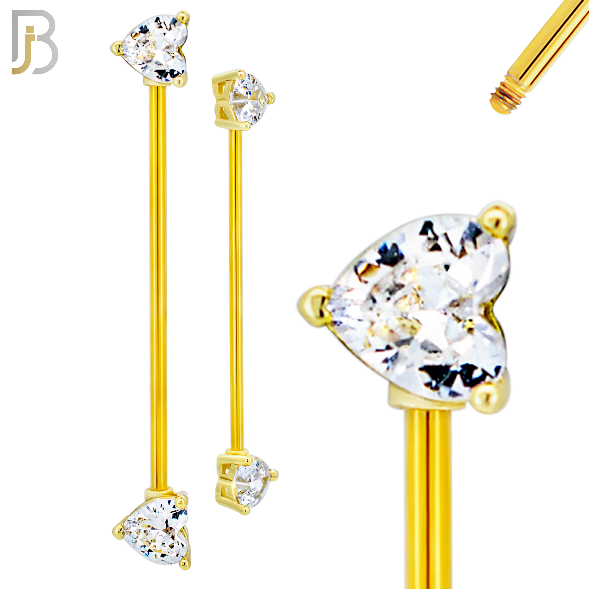 BB48 - 316L Surgical Steel Heart Shaped CZ Externally Threaded Industrial Barbell (PACK OF 4) image 2