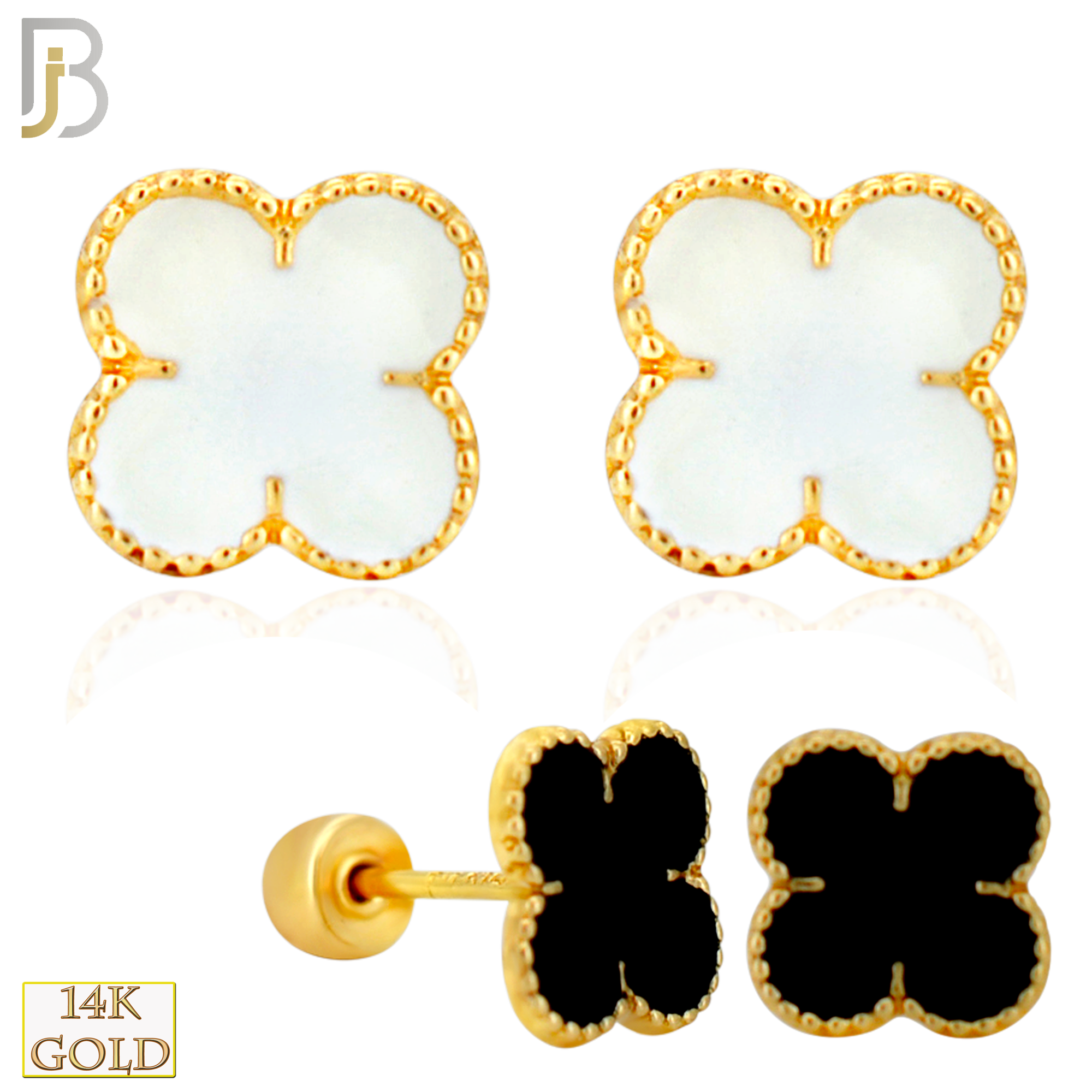14-ES247 - 14k Yellow Gold Black Enamel Four Leaf Clover Earrings with Screw Backing image 0