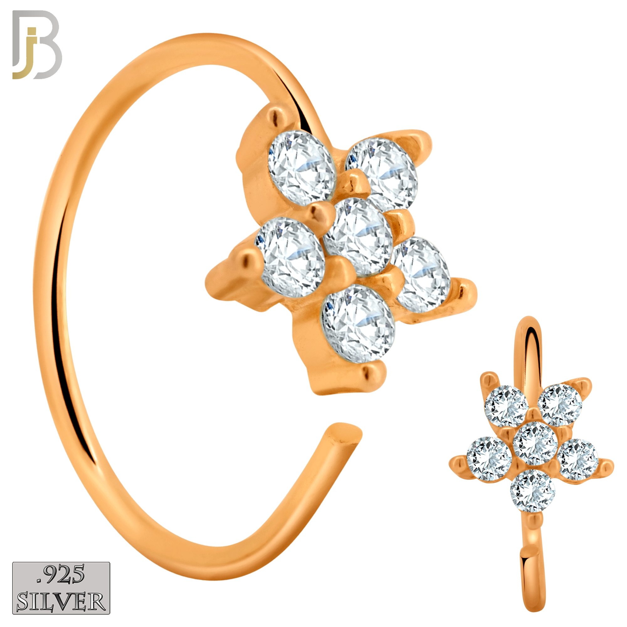925-CT27 - 925 Sterling Silver Five Petal Star Shaped Flower Design Nose Hoops 22g Thick 8mm wide (Pack of 6) image 2