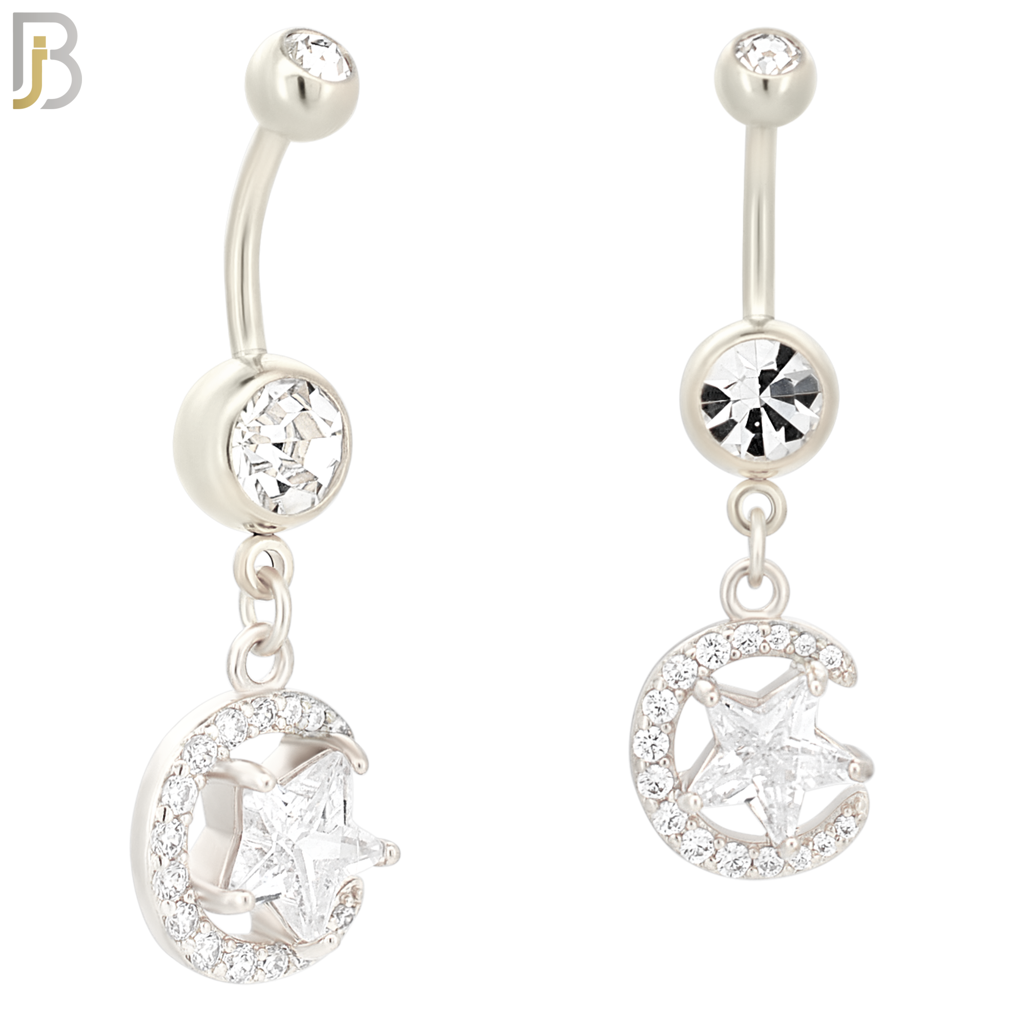 N010 - 316L Stainless Steel Dangling Crescent Moon and Star Zircon Design Belly Ring with 4mm Screw Ball image 1
