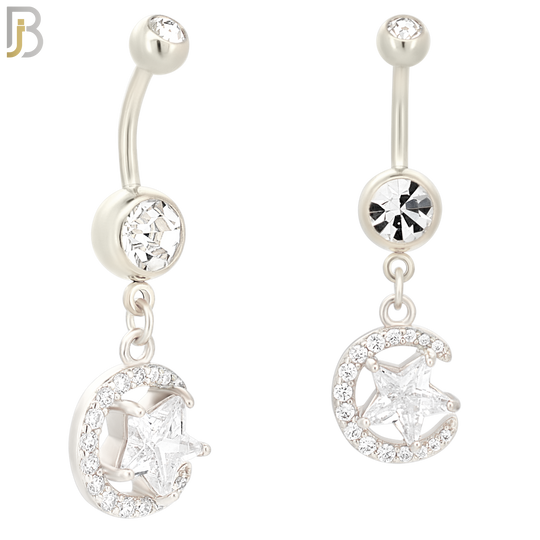 N010 - 316L Stainless Steel Dangling Crescent Moon and Star Zircon Design Belly Ring with 4mm Screw Ball image 1