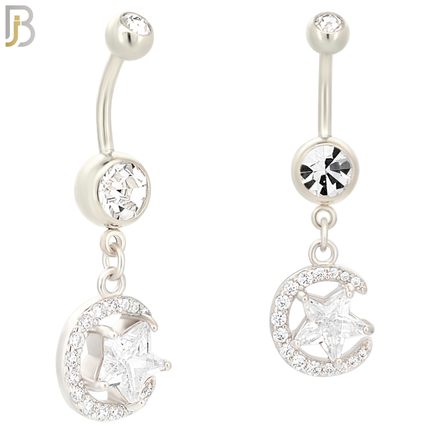 N010 - 316L Stainless Steel Dangling Crescent Moon and Star Zircon Design Belly Ring with 4mm Screw Ball image 1