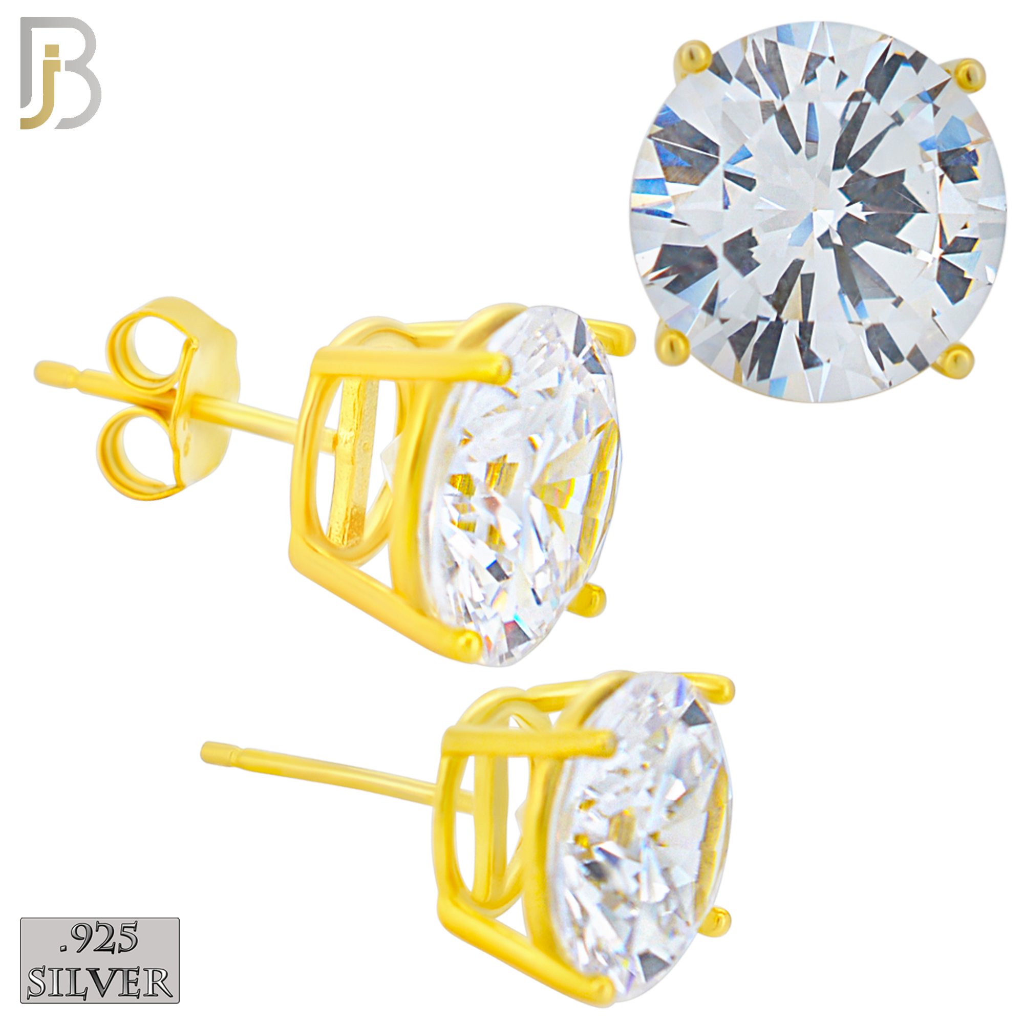925-ES71-GC - .925 Sterling Silver Gold Plated Earring Stud Casting Round Prong Setting Clear Zircon - 11mm image