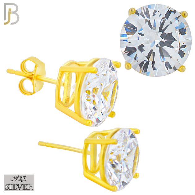 925-ES71-GC - .925 Sterling Silver Gold Plated Earring Stud Casting Round Prong Setting Clear Zircon - 11mm image