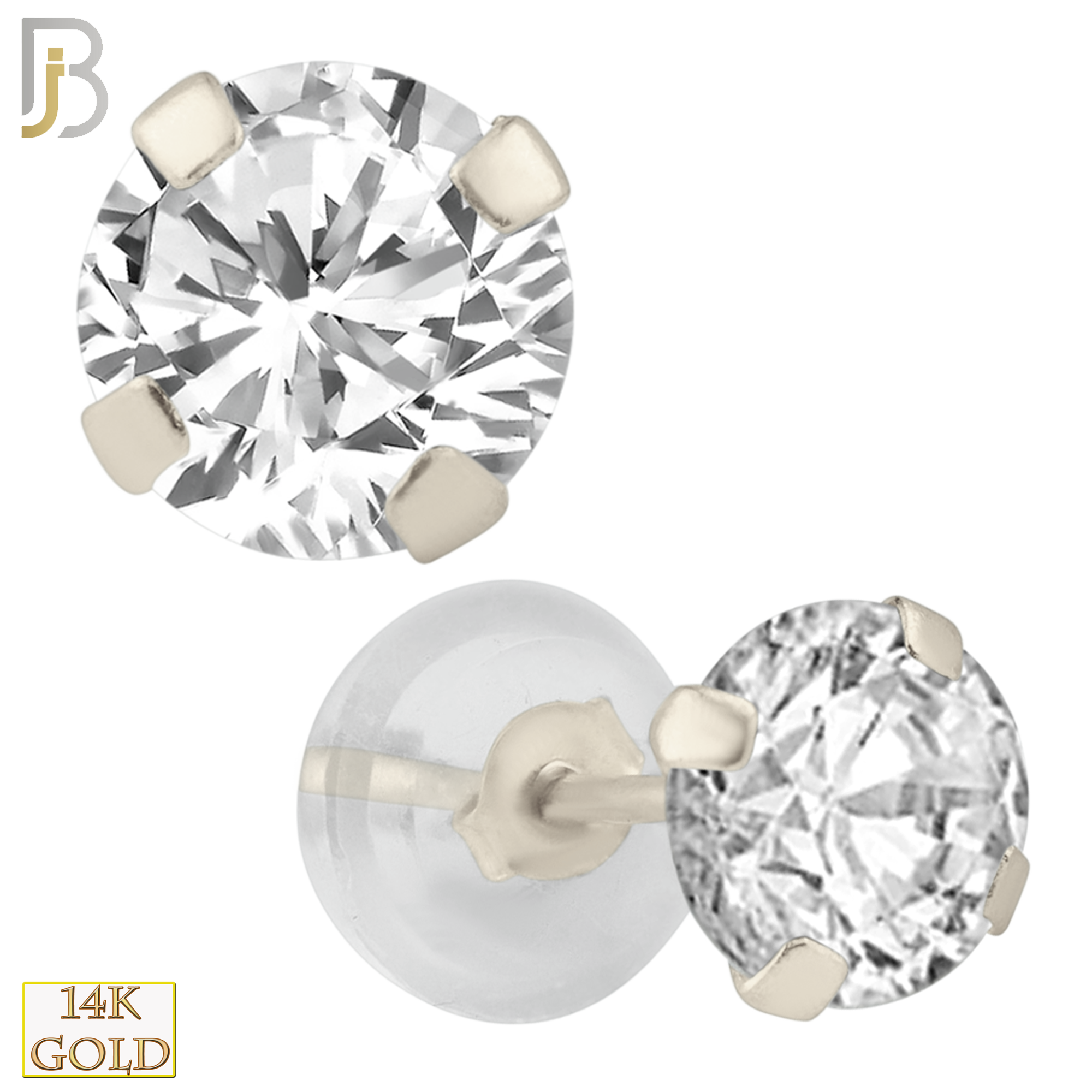 14-ES05WC - 14k White Gold Silicone Back Stud Earrings Stamping Point Prong Setting with Round Clear Zircon image 1