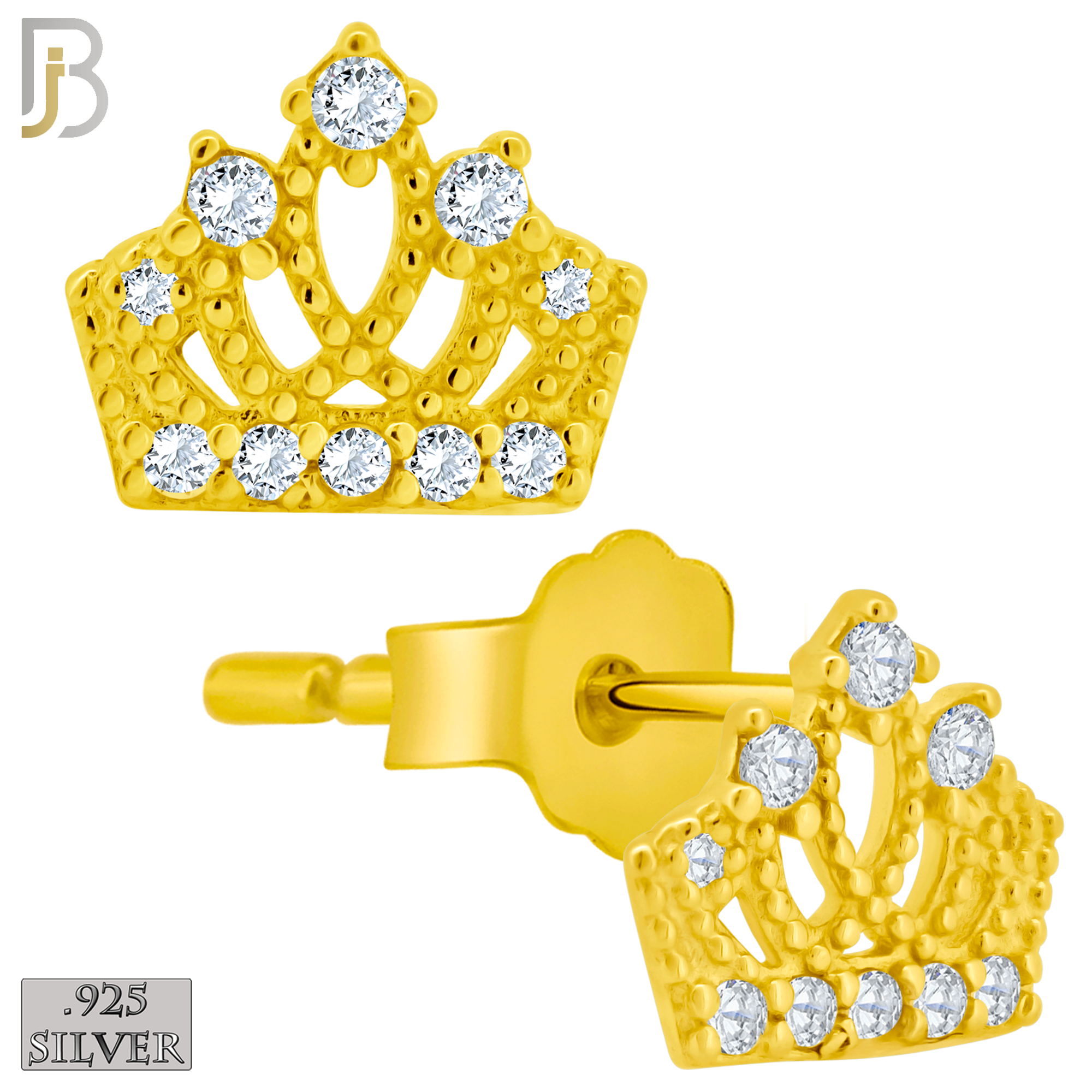 925-ES209 - Push Back - .925 Sterling Silver Crown Design Earring Stud with Clear Zircon image 2