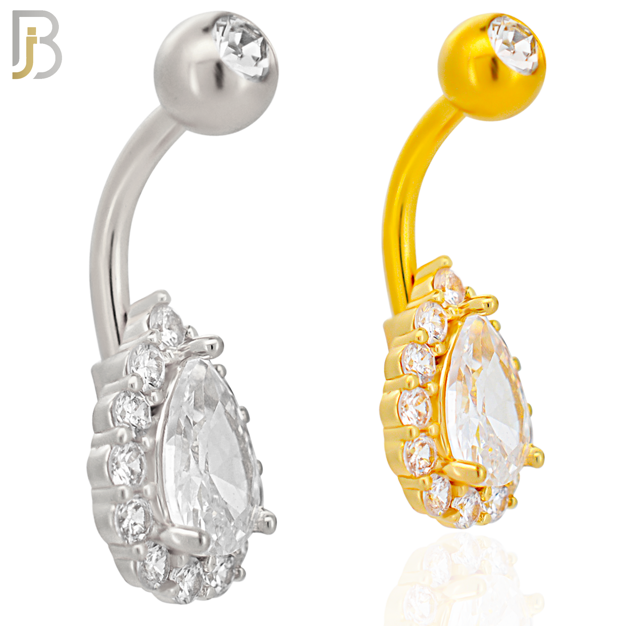 NB74 - 316L Stainless Steel Banana Belly Ring with Pear Shaped Cubic Zirconia with Halo image 0