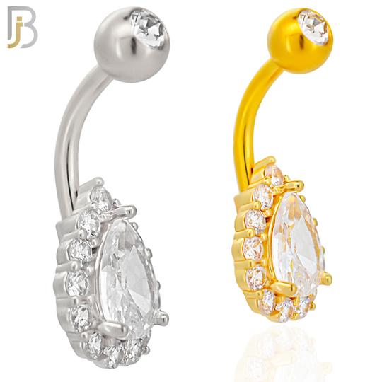 NB74 - 316L Stainless Steel Banana Belly Ring with Pear Shaped Cubic Zirconia with Halo image 0