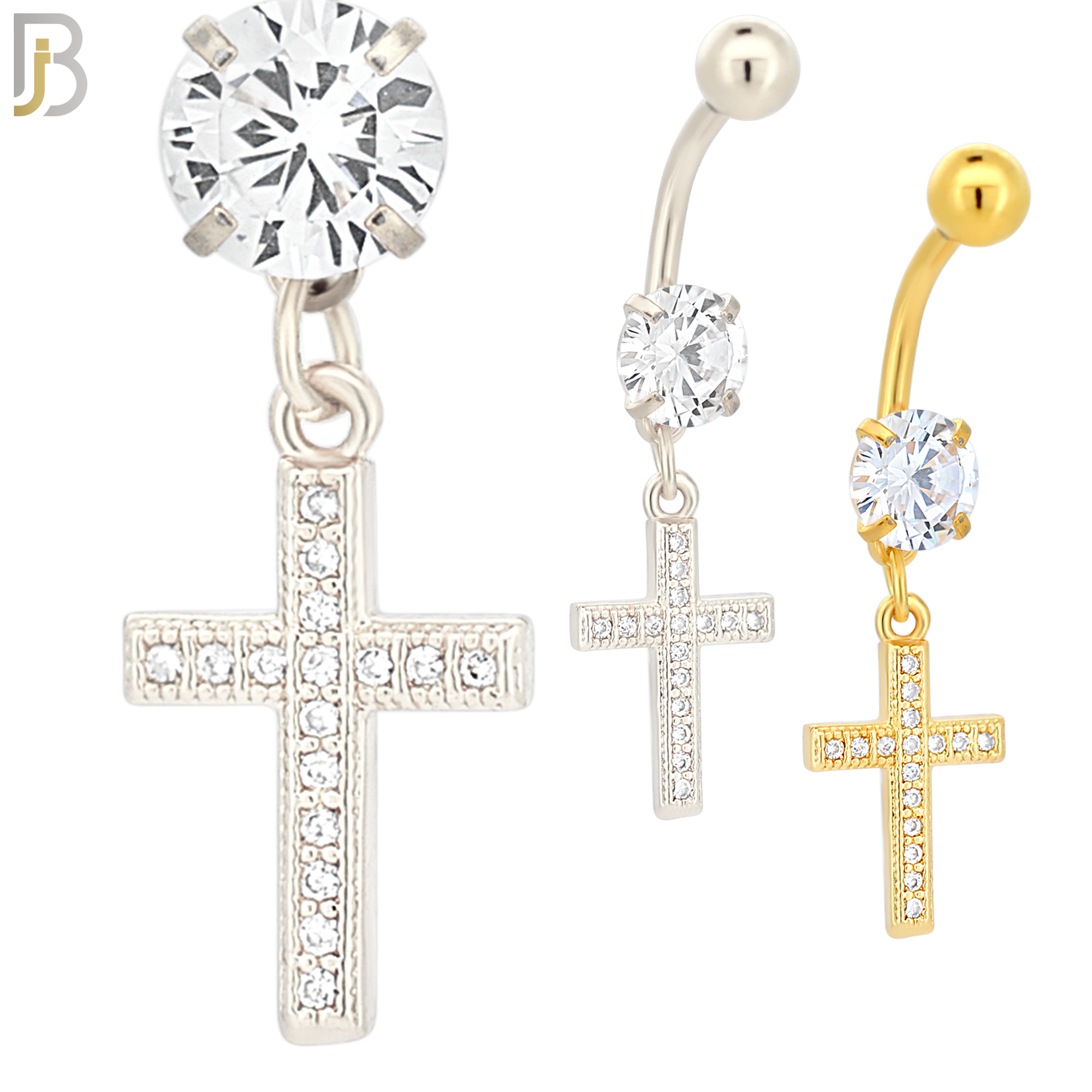 N013 - 316L Stainless Steel Dangling Cross with Multi CZ Belly Ring image 0