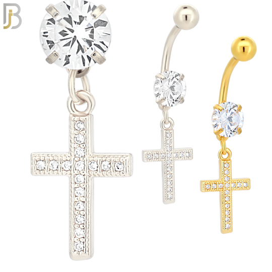 N013 - 316L Stainless Steel Dangling Cross with Multi CZ Belly Ring image 0