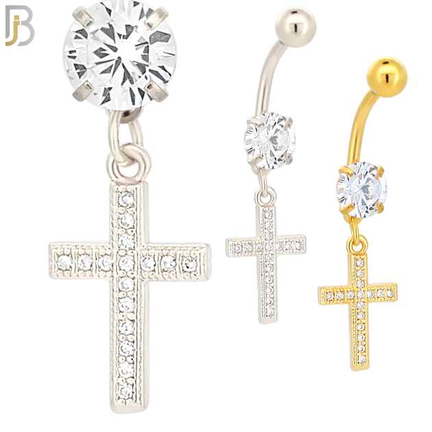 N013 - 316L Stainless Steel Dangling Cross with Multi CZ Belly Ring image 0