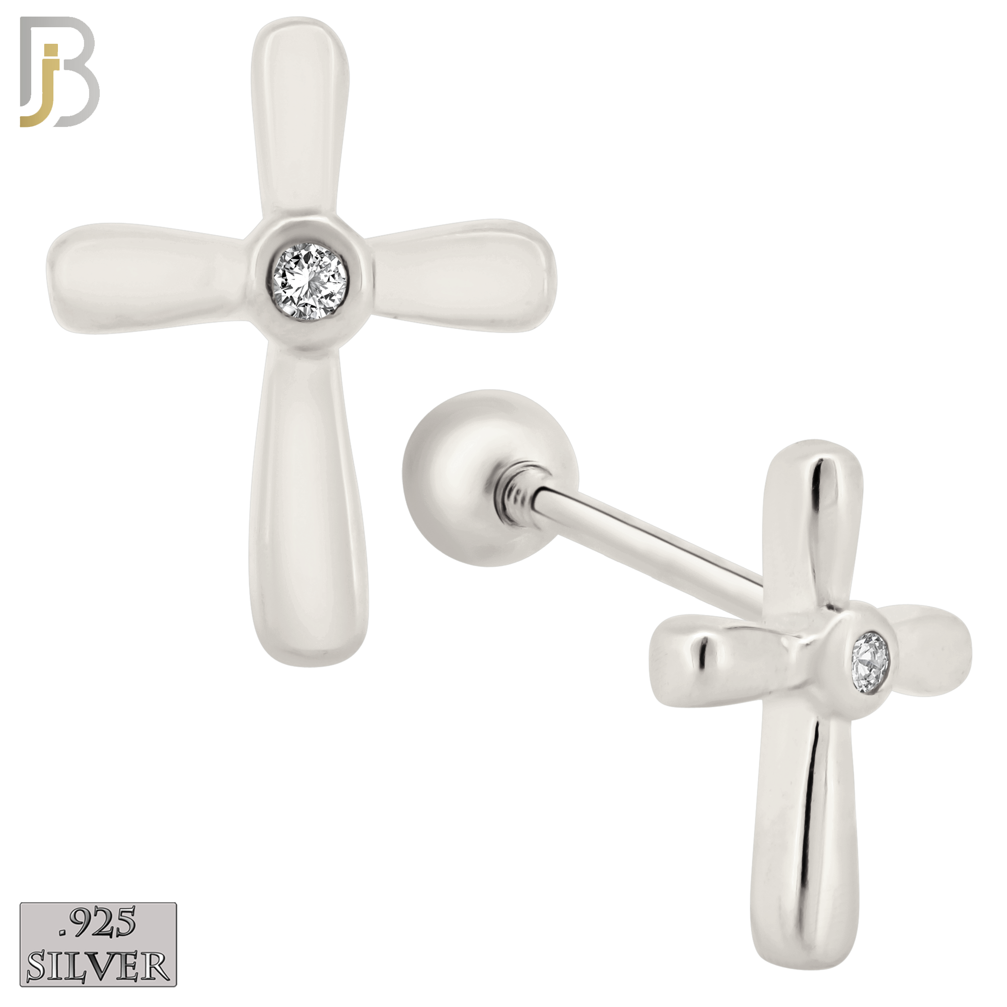 925-ES67 - Screw Ball Back - .925 Sterling Silver Cross Design Bezel Zircon Earring Stud image 1