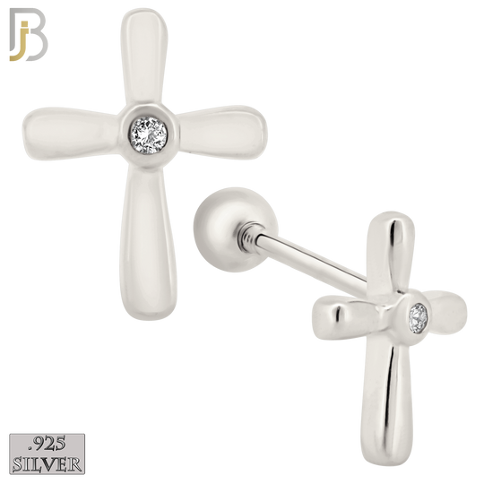 925-ES67 - Screw Ball Back - .925 Sterling Silver Cross Design Bezel Zircon Earring Stud image 1