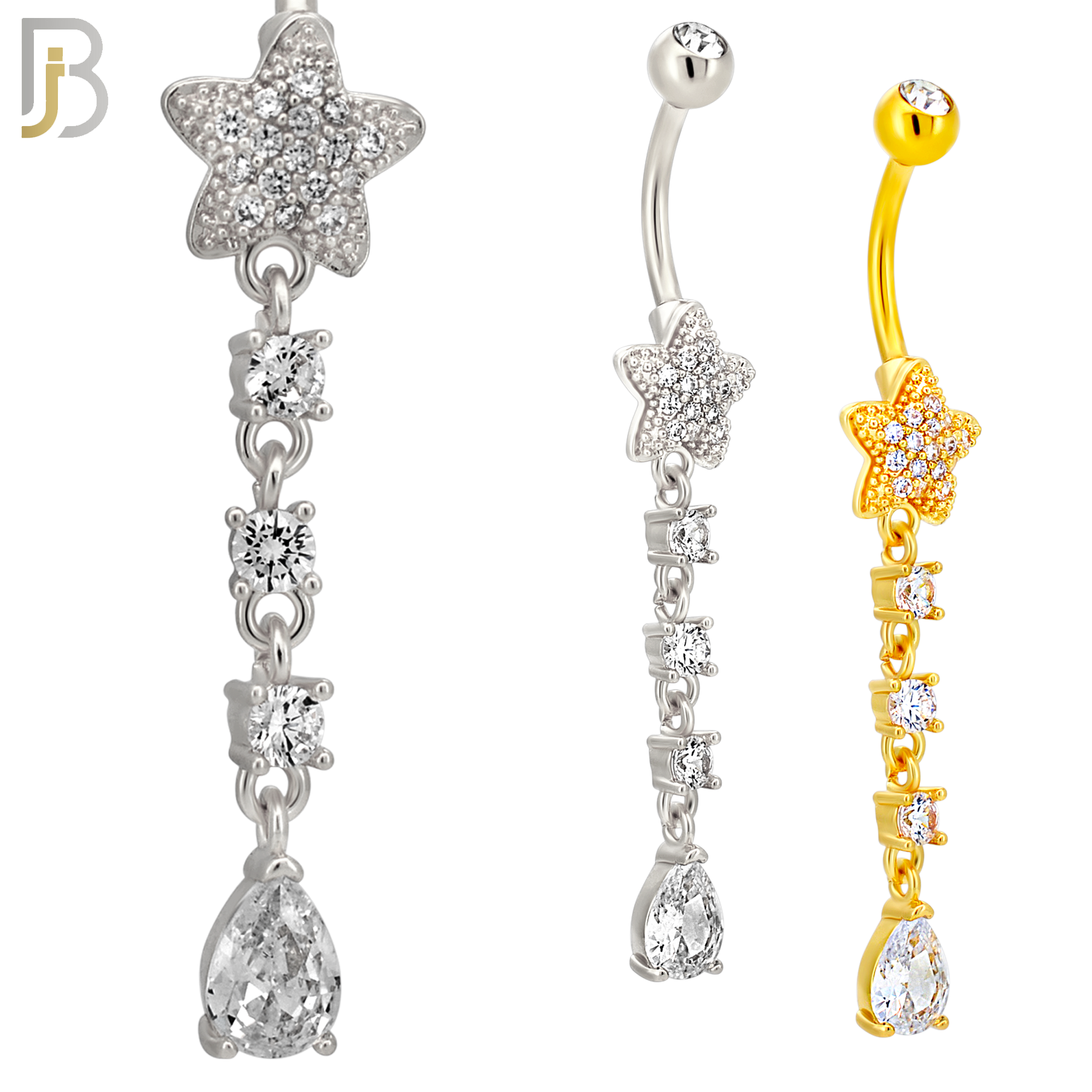 N0150 - 316L Surgical Steel Star CZ Studded Belly Ring with Pear CZ Drop image 0