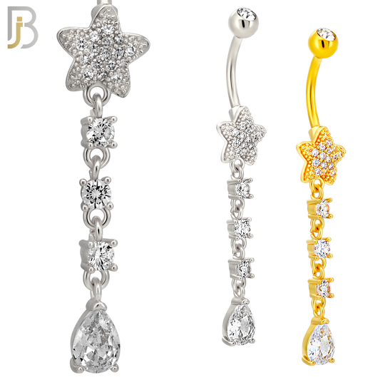 N0150 - 316L Surgical Steel Star CZ Studded Belly Ring with Pear CZ Drop image 0