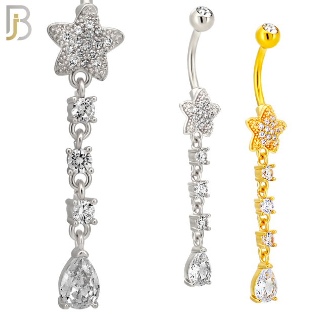N0150 - 316L Surgical Steel Star CZ Studded Belly Ring with Pear CZ Drop image 0