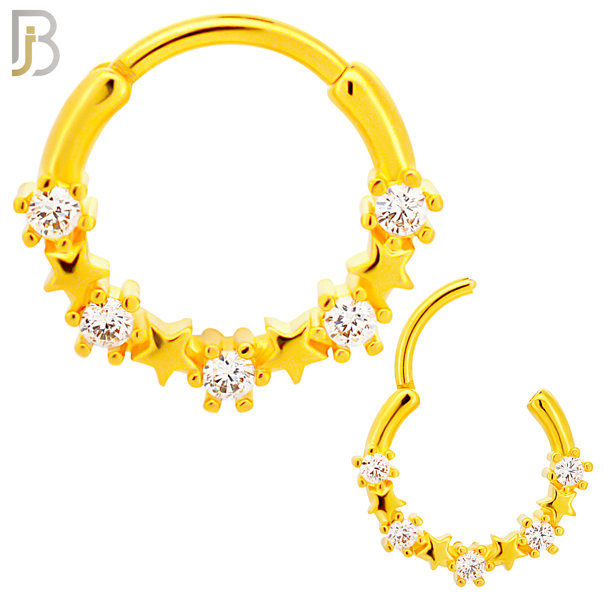 CT125 - 316 Surgical Steel Alternating Plain and CZ Stars Hinged Hoop   (Pack of 6) image 2