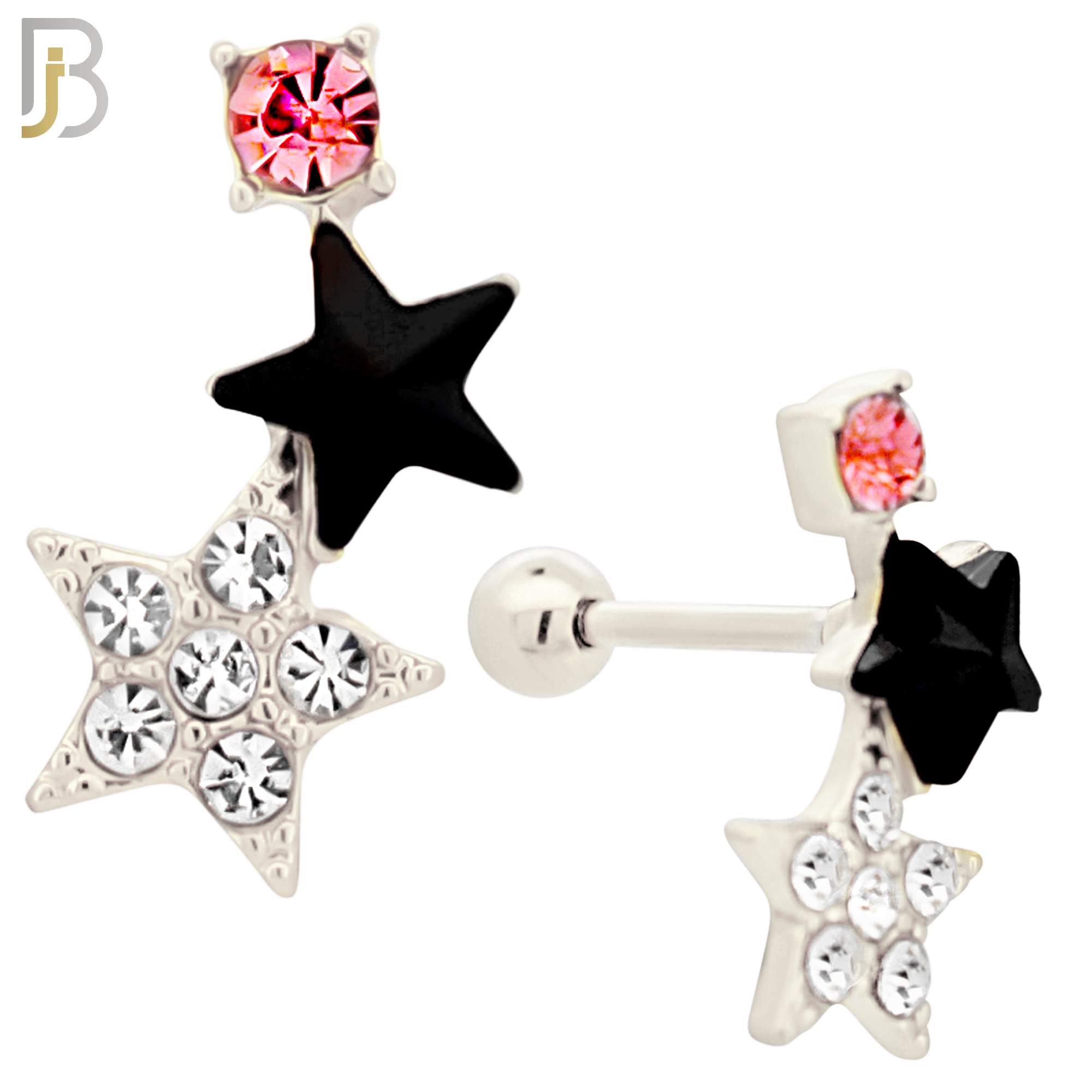 TB124 - 316L Stainless Steel Double Star Tragus/Cartilage Barbell (Pack of 6) image 1
