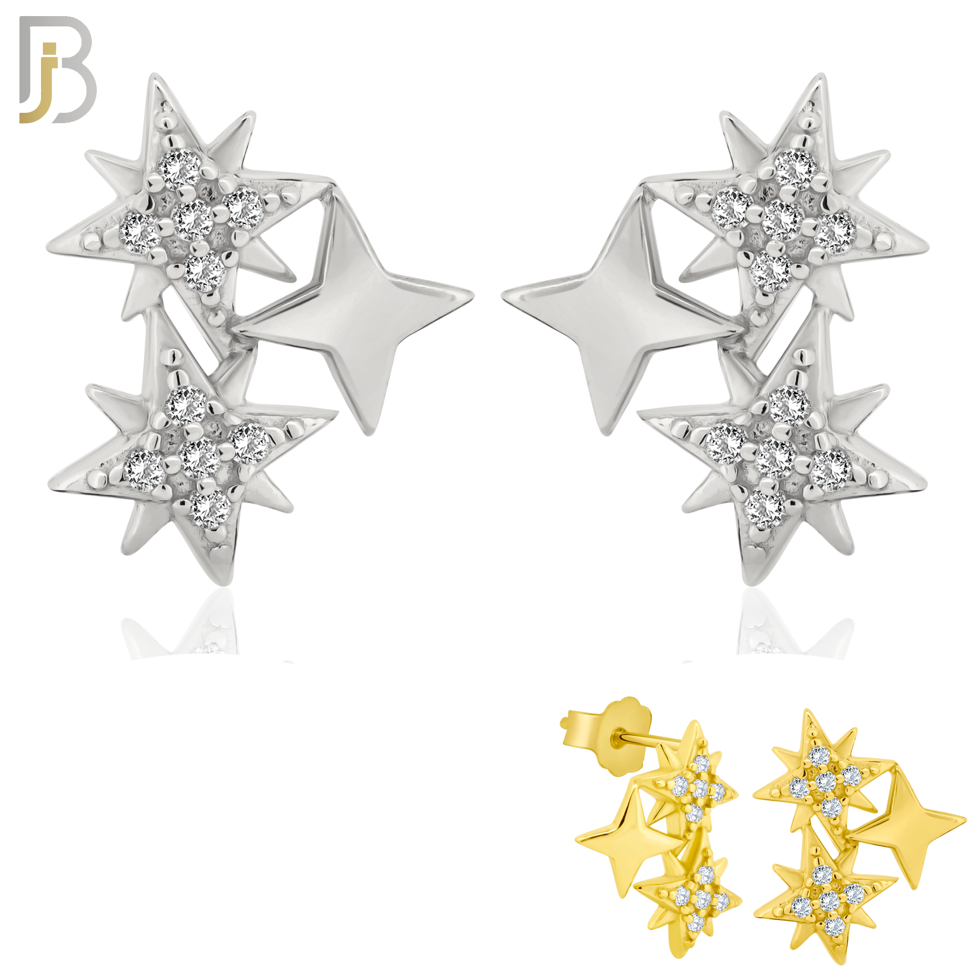 ES253 - .925 Sterling Silver Triple  Starburst with Zircon Design Earring Stud image 0