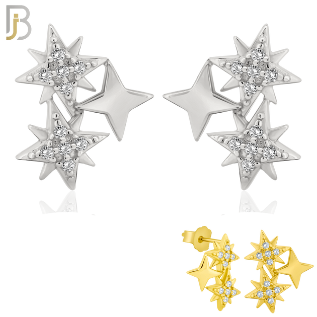 ES253 - .925 Sterling Silver Triple  Starburst with Zircon Design Earring Stud image 0