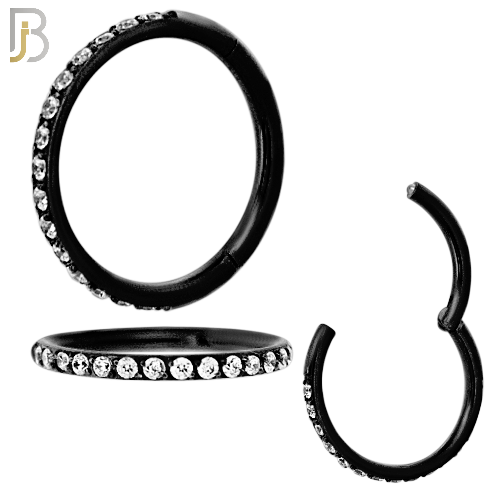 CT94K - 316 Stainless Steel Black Plated Hinged Hoop with Multi CZ Gems Nose Rings (PACK OF 6) image 3