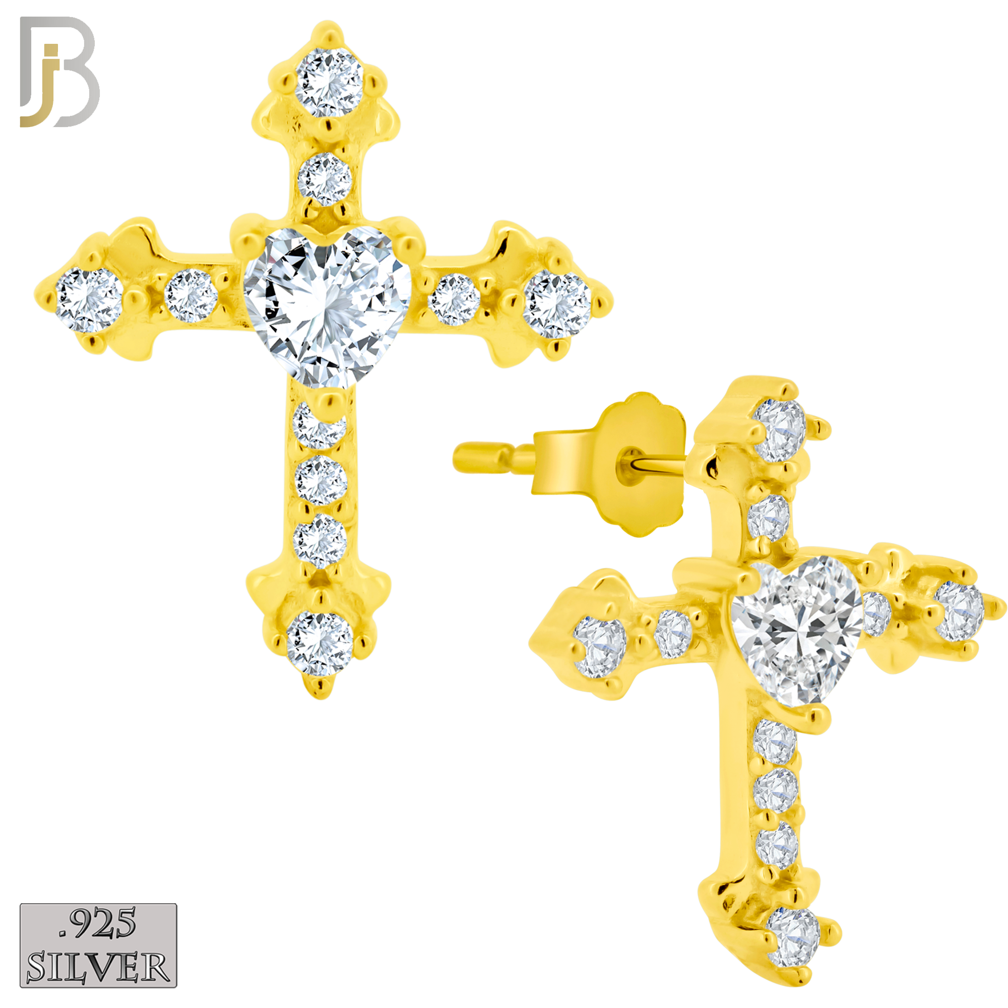 925-ES269 - Push Back - .925 Sterling Silver Cross with Prong Set Heart Zircon in the Middle Design Earrings Stud image 2