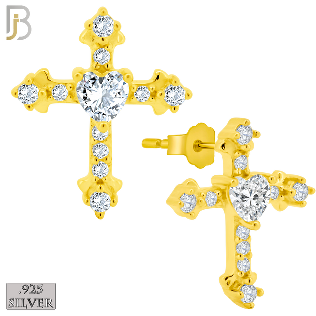 925-ES269 - Push Back - .925 Sterling Silver Cross with Prong Set Heart Zircon in the Middle Design Earrings Stud image 2