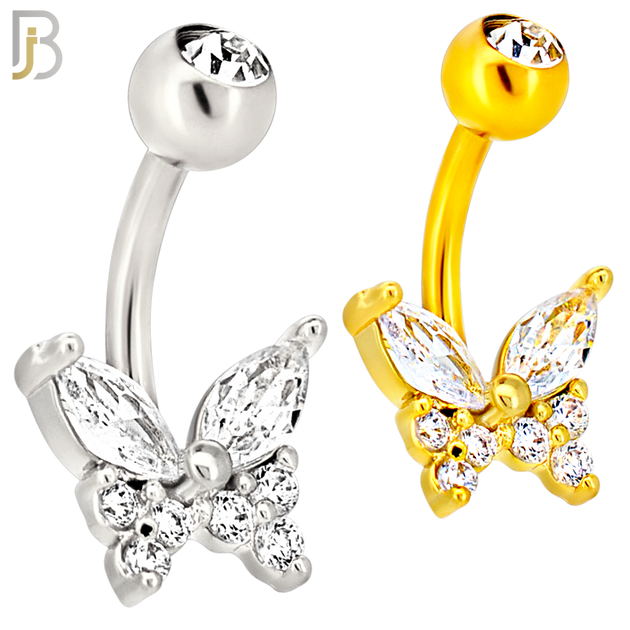 NB111 - 316L Surgical Steel Butterfly Marquise CZ in Both Upper Wings Belly Ring image 0
