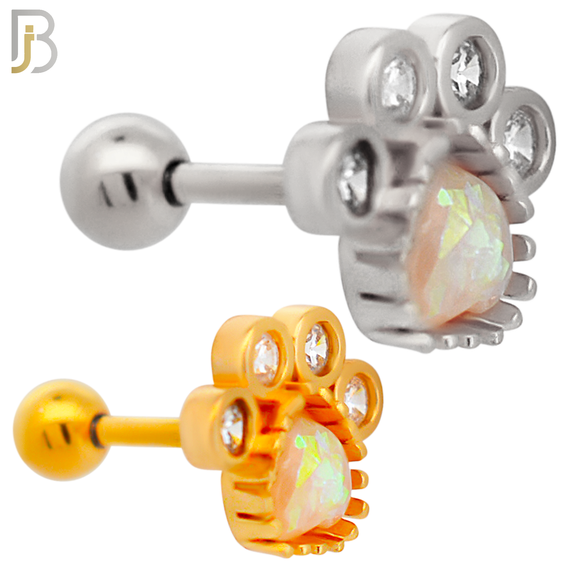 TB89 - 316L Stainless Steel Paw Print with Opalite & CZ Gems Tragus/Cartilage Barbell (PACK OF 6) image 0