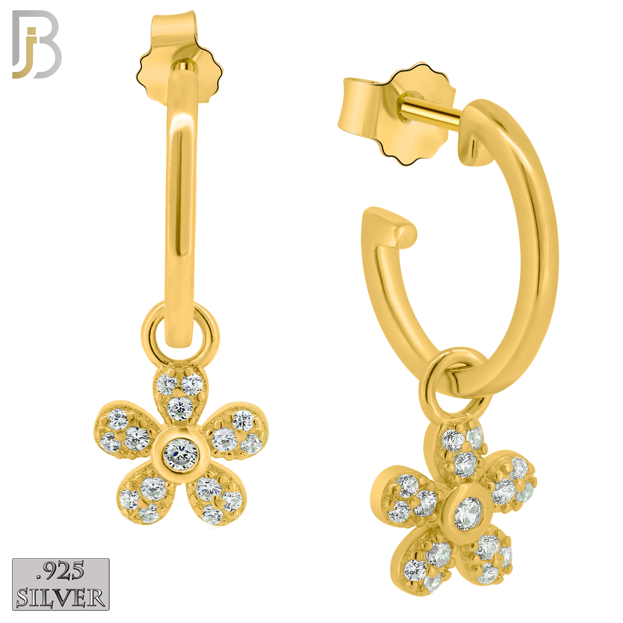 925-ES272- .925 Sterling Silver Half Hoops with Dangling Flower with Zircon Design Earrings Stud image 2