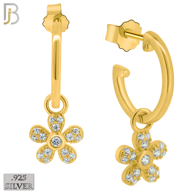 925-ES272- .925 Sterling Silver Half Hoops with Dangling Flower with Zircon Design Earrings Stud image 2