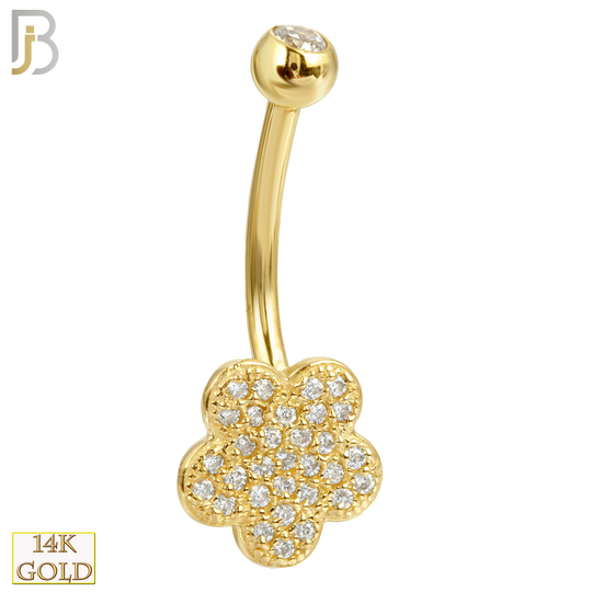 14-NB15 - 14k Solid Gold Banana Belly Ring with  9mm Flower Design image 0