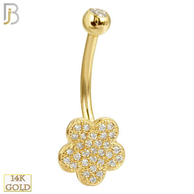 14-NB15 - 14k Solid Gold Banana Belly Ring with  9mm Flower Design image 0