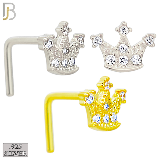 925-NR29LGSC - 925 Sterling Silver Crown CZ Design L Shape Nose Ring (Pack of 6) - Rhodium Plated and Yellow Gold Plated image