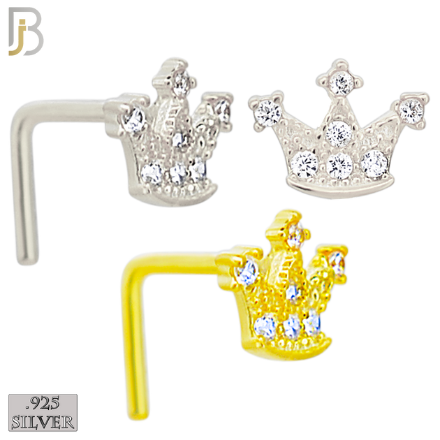 925-NR29LGSC - 925 Sterling Silver Crown CZ Design L Shape Nose Ring (Pack of 6) - Rhodium Plated and Yellow Gold Plated image