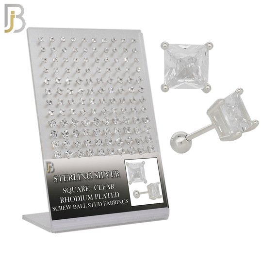 925-PK-ES312-SC - .925 Sterling Silver Rhodium Plated Earring Stud with Screw Ball Backing, Casting Prong Setting and Square Clear Zircon image 0
