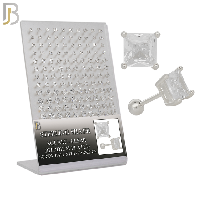 925-PK-ES312-SC - .925 Sterling Silver Rhodium Plated Earring Stud with Screw Ball Backing, Casting Prong Setting and Square Clear Zircon image 0