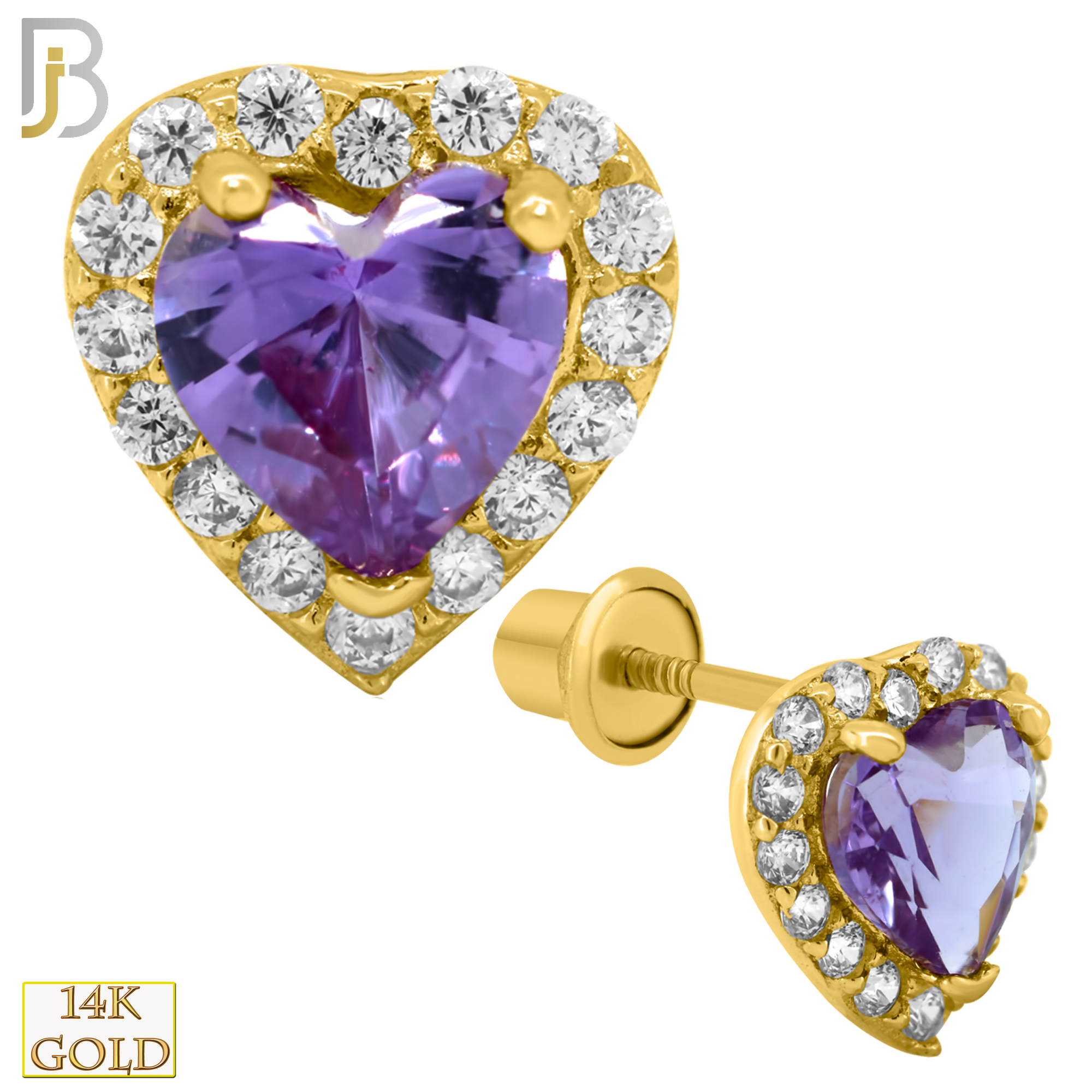 14-ES216 - 14k Solid Gold Heart Multi CZ  Design Earring Stud with Amethyst/Clear Zircon image 0