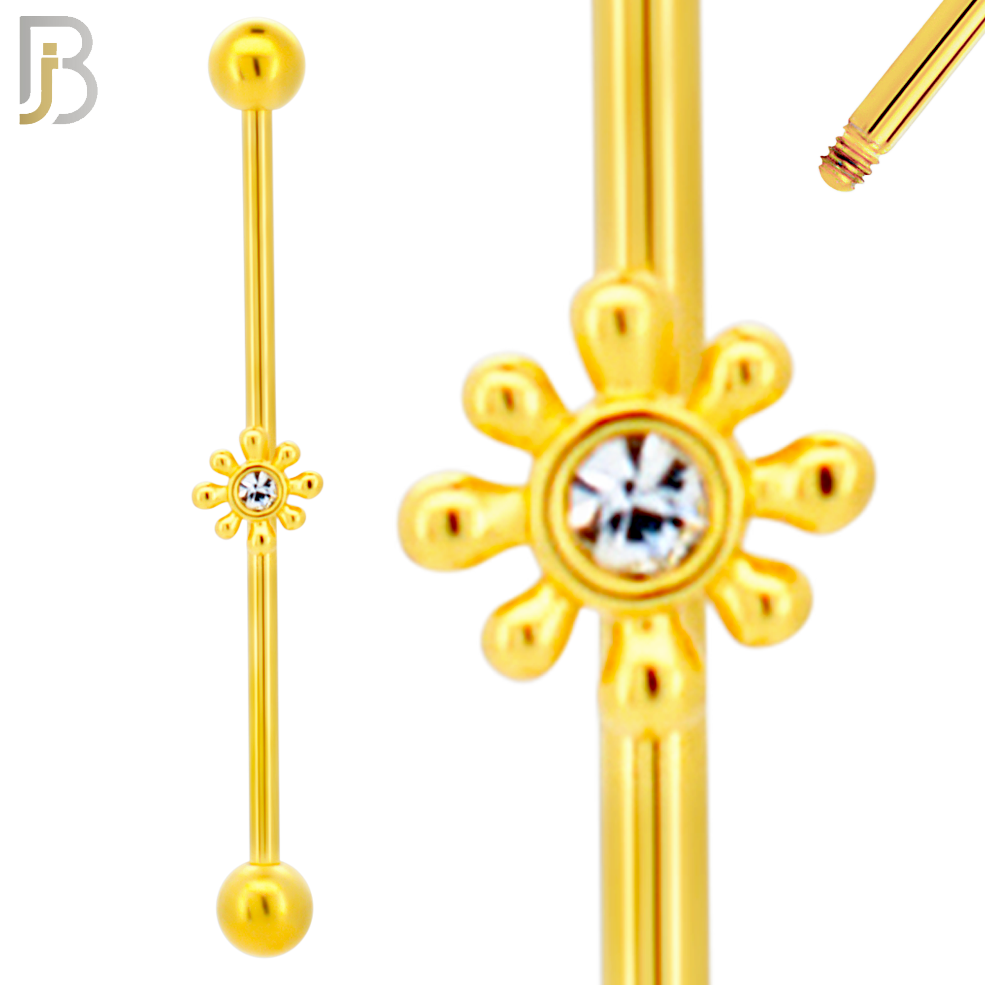 BB28 - 316L Surgical Steel Screw Bar with Brass Flower Design Barbell Industrial (PACK OF 4) image 2