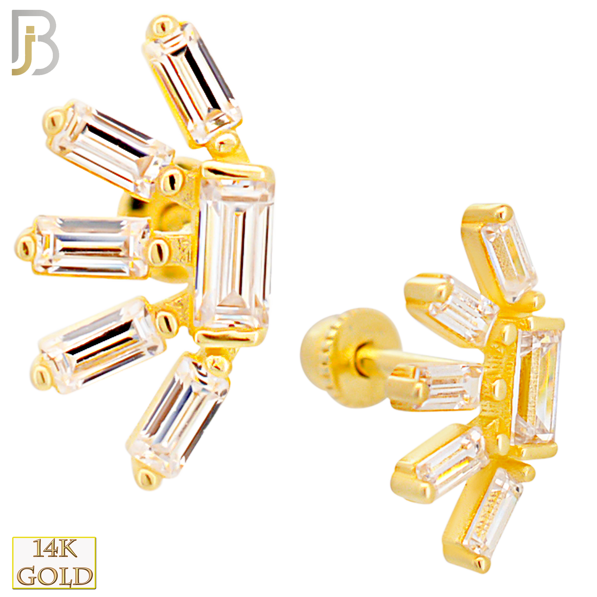 14-TB43 - 14k Yellow Gold 6 Baguettes CZ Fan Tragus Barbell with Baby Screw Backing image 0