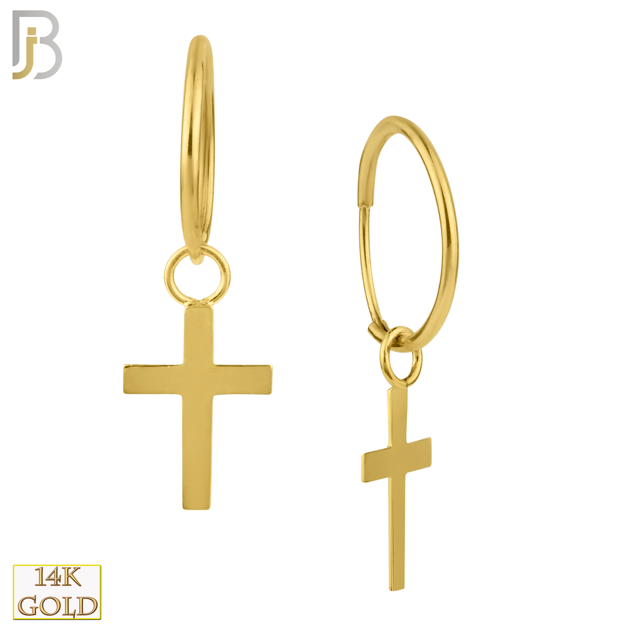 14-ES31 - 14k Solid Gold Hoops Earrings Cross Dangle Design image 0