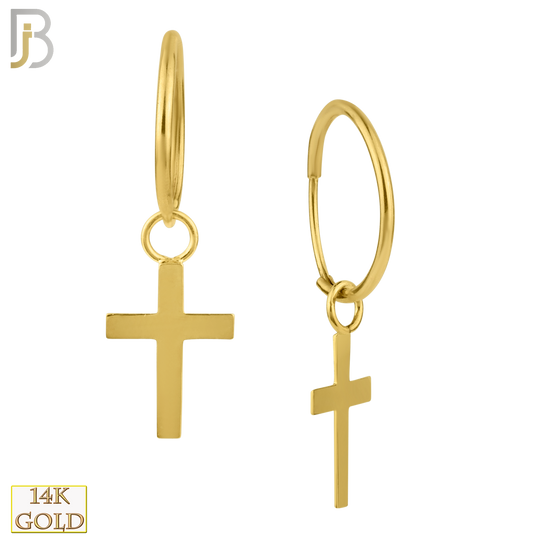 14-ES31 - 14k Solid Gold Hoops Earrings Cross Dangle Design image 0