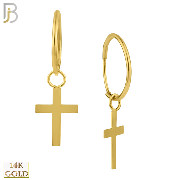 14-ES31 - 14k Solid Gold Hoops Earrings Cross Dangle Design image 0