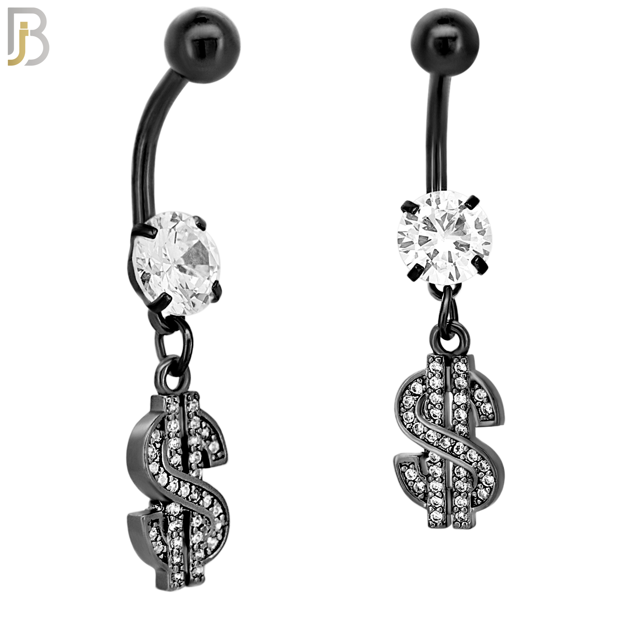 N046 - 316L Stainless Steel Dangling Dollar Sign with Zircon Design Belly Ring with 5mm Screw Ball image 2