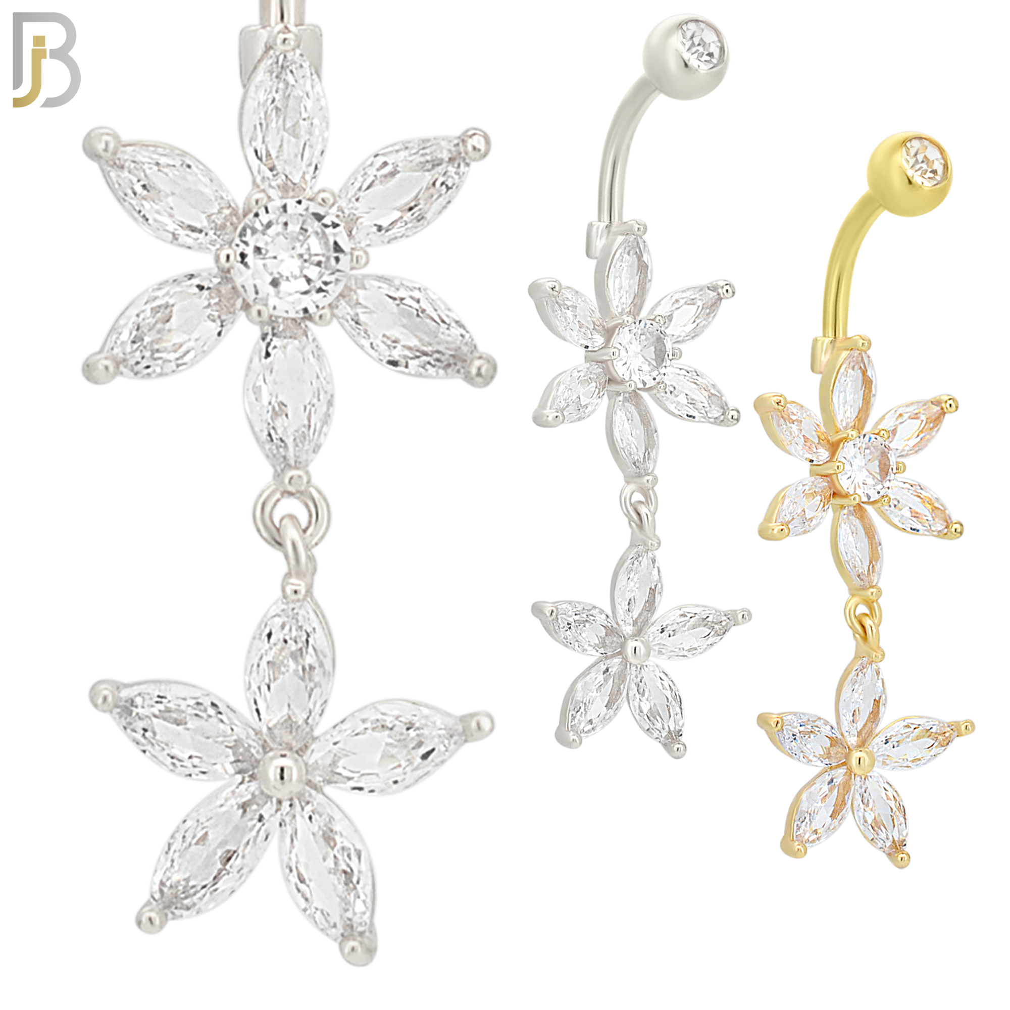 N097  - 316L Stainless Steel Double Flower Belly Ring with Zircon image 0