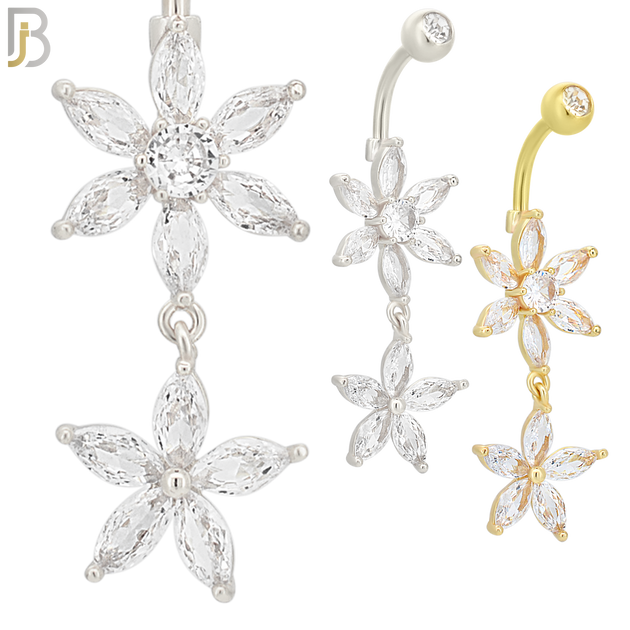N097  - 316L Stainless Steel Double Flower Belly Ring with Zircon image 0