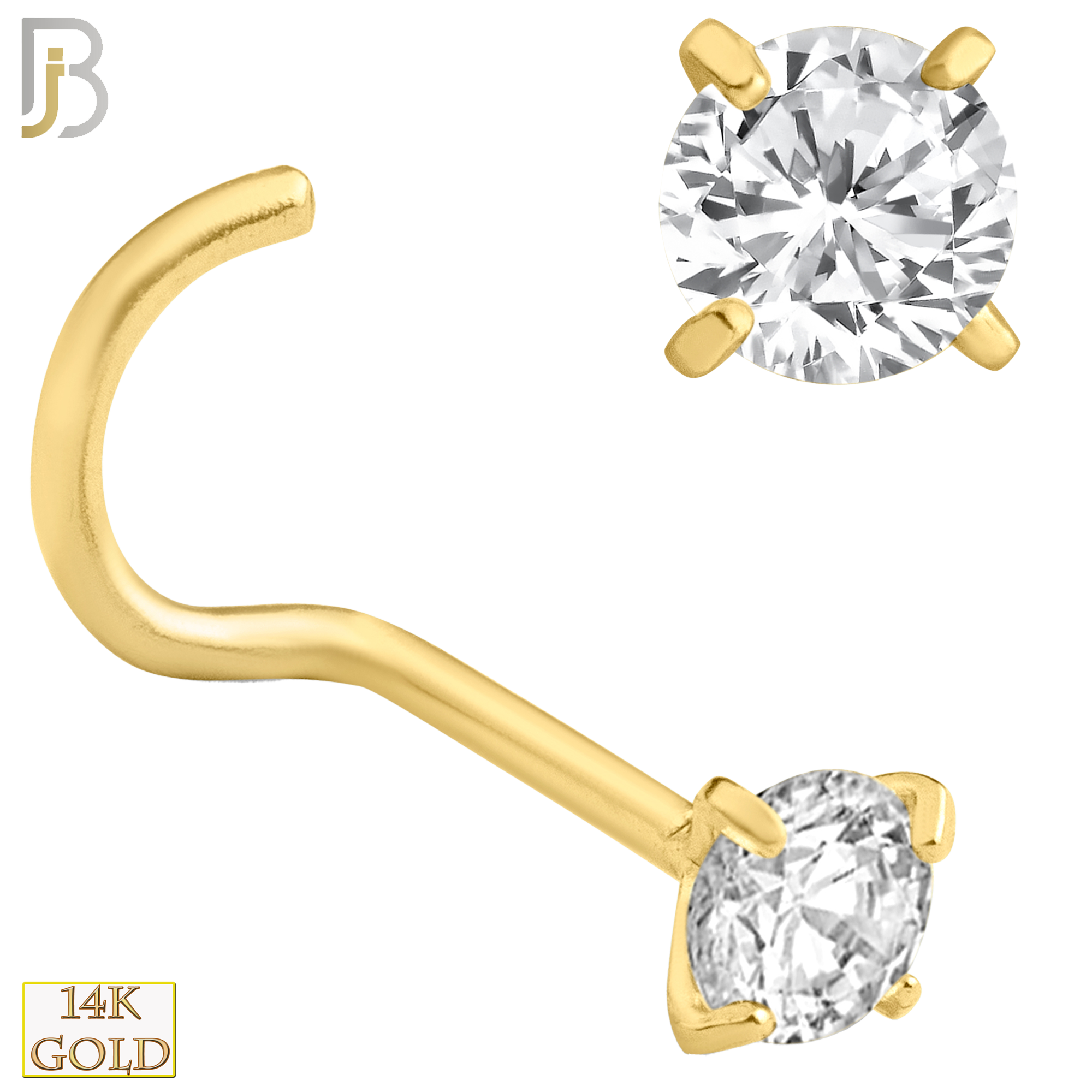 14-NR03CY-20 - 20g Thickness 14k Solid Yellow Gold Prong Setting  Round Cubic Zircona Nose Screw, Cork Screw image 5